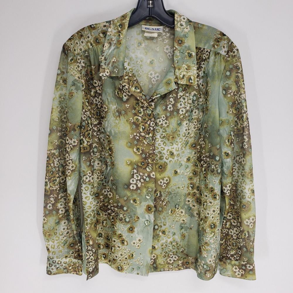 Vintage 90s Y2K Floral Animal Print Button Down Shirt Women Size Medium Green
